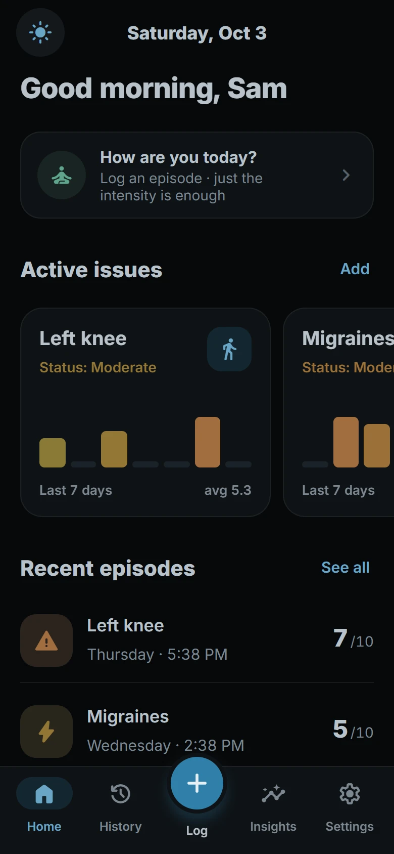 PainSense home in Night mode, with dimmer colours