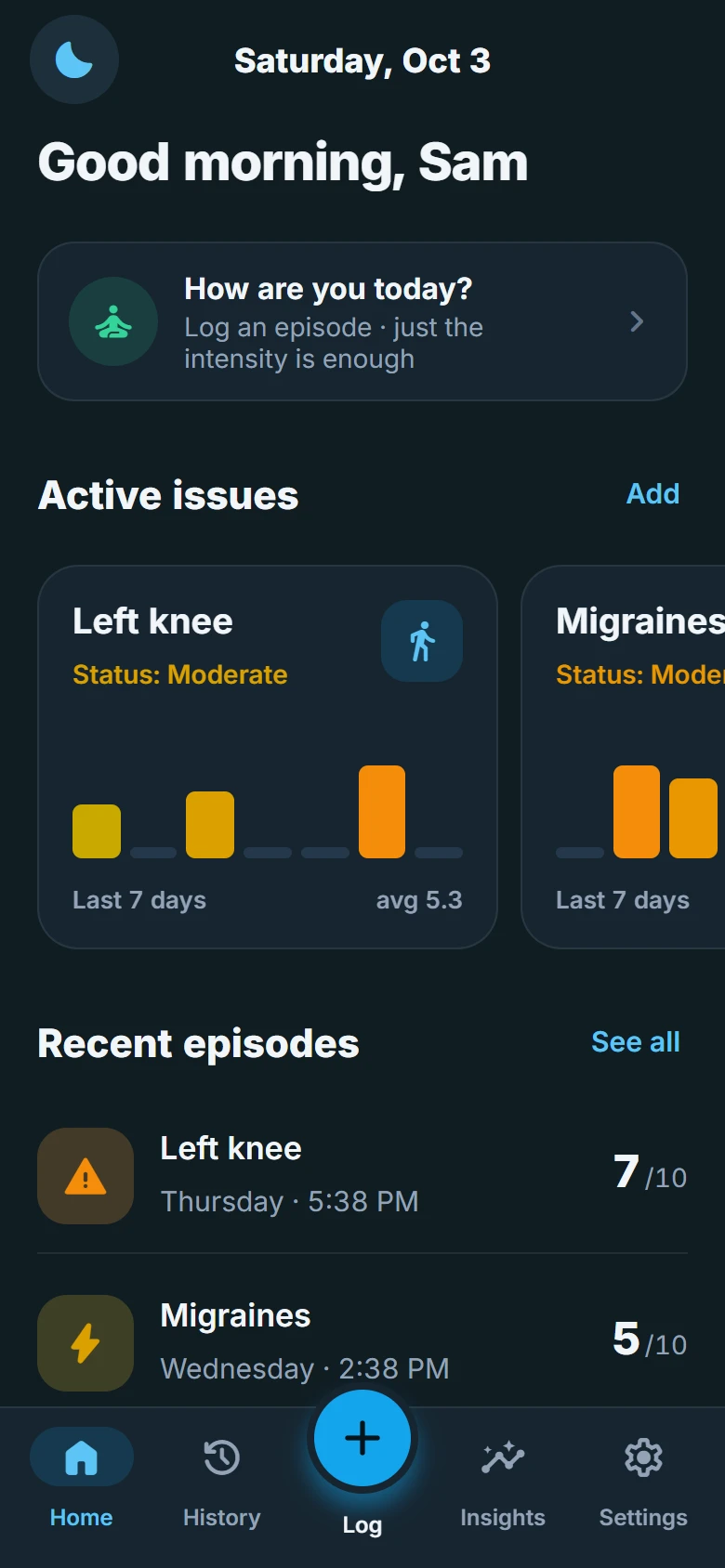 PainSense home in the default Slate theme
