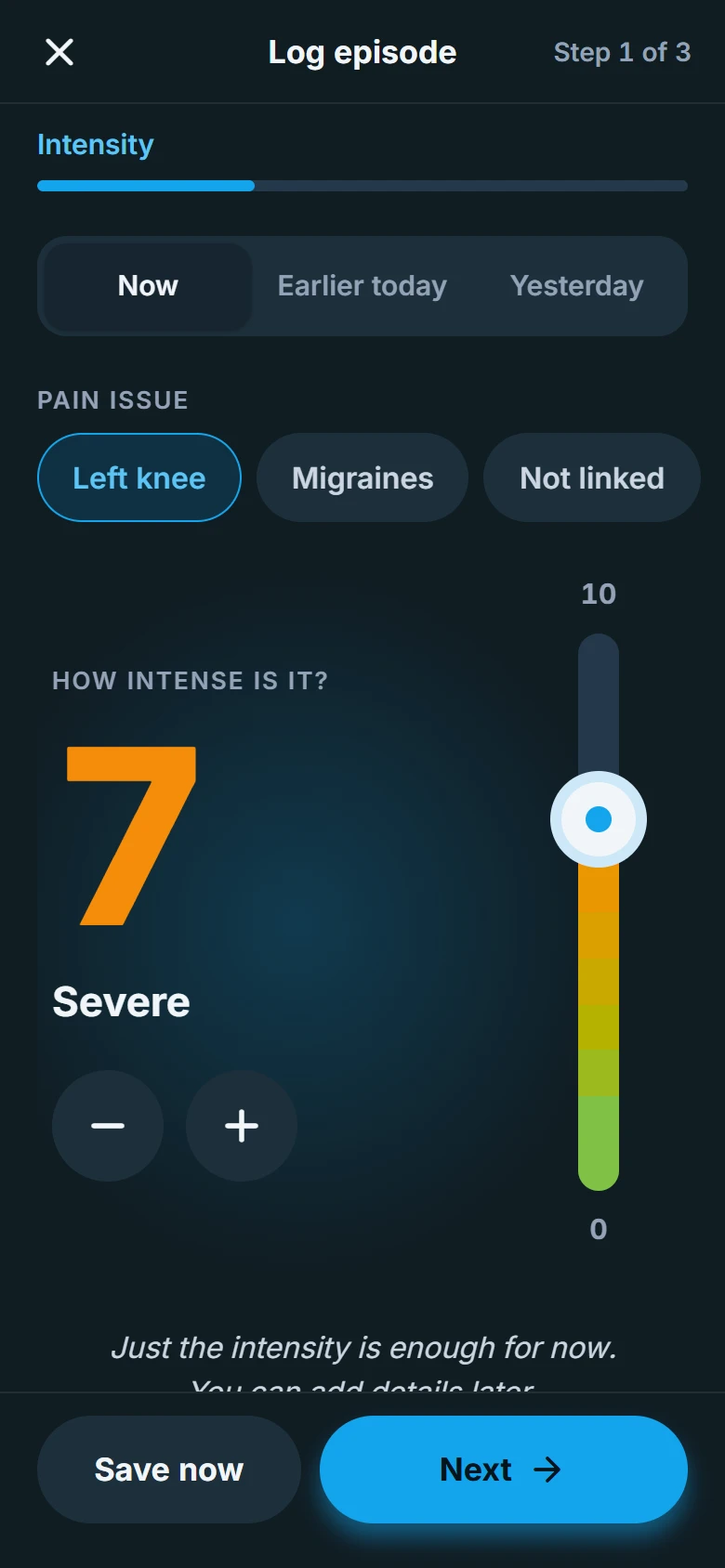 The PainSense log screen: pain intensity 7, Severe, on a 0 to 10 scale